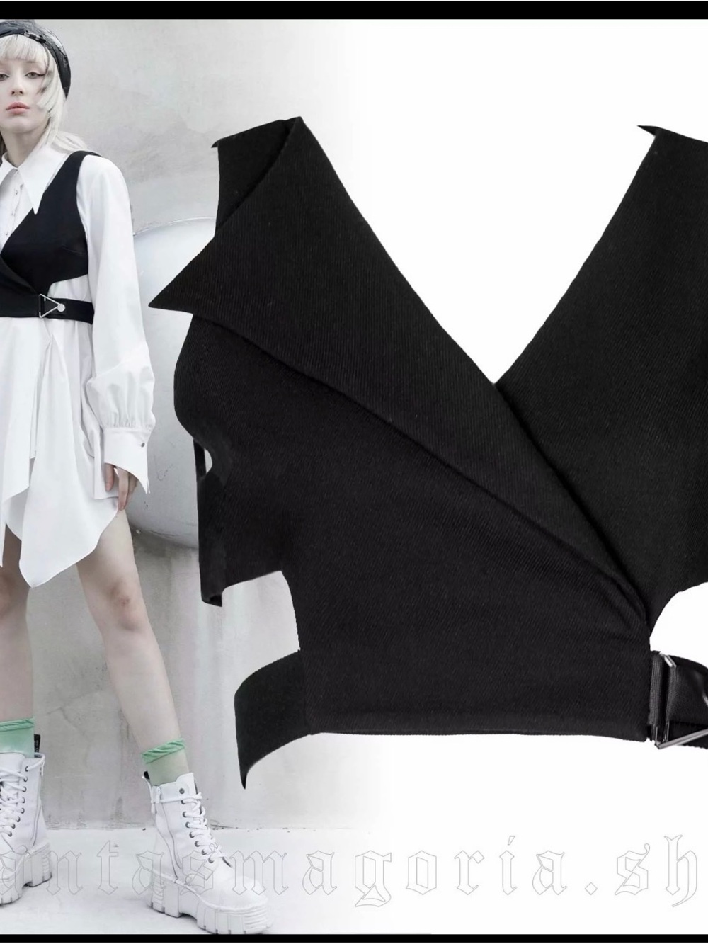 Asymmetric Black Wrap Crop Top with Sculpted Collar